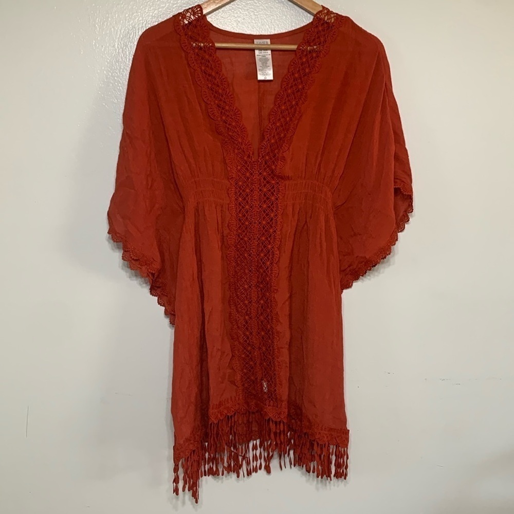 Time & True Rust Boho Crochet Fringe Gauze Pop Over Top One Size